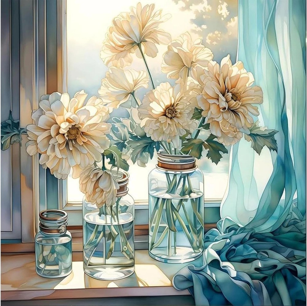 White Flowers Jars by Window Beginners Paint By Numbers Kit Adults MT3630 ST41