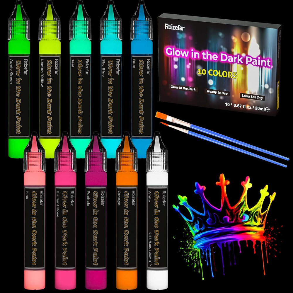 Glow in the Dark Paint, 10 Colors (20 Ml /0.68 Oz) 3D Permanent Acrylic Fabric P