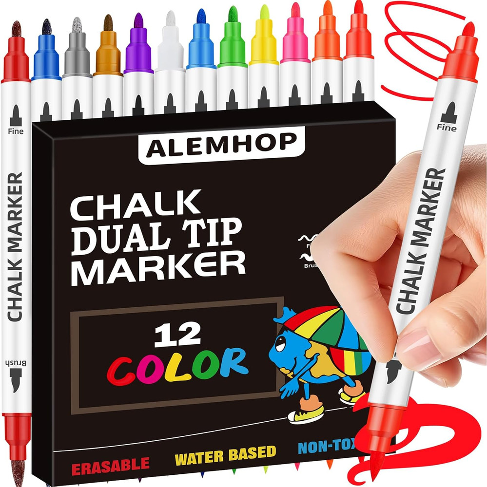 Liquid Chalk Markers 12 Colors – Brush + Fine Tips – Chalk Markers for Blackboar