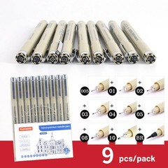 9pcs Fineliner Sketch Pen Set – Black Hook & Needle Tip Drawing Markers