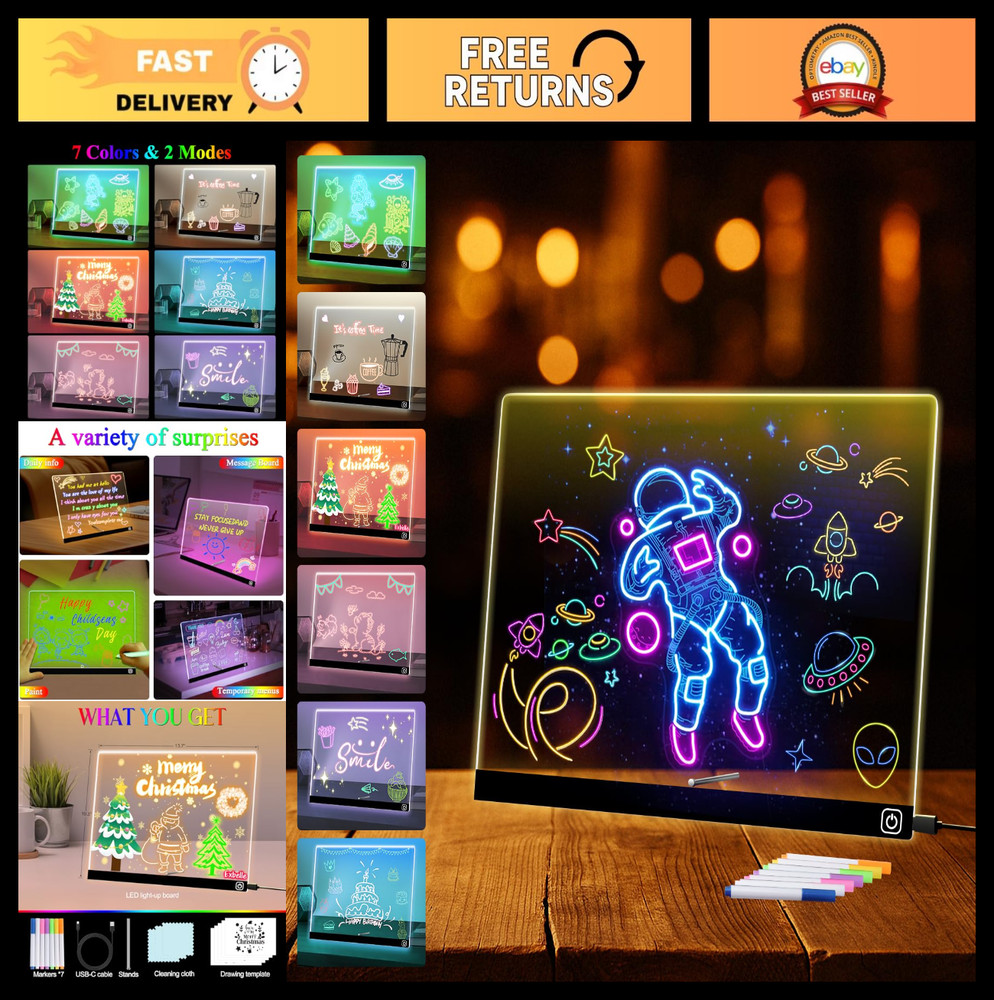 14″ LED Drawing Board with 7 Colors, Acrylic Dry Erase Lumiboard, Night Light &
