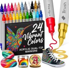 ARTISTRO 24 Acrylic Paint Markers – Paint Pens for Drawing, Brush + Fine Tips –