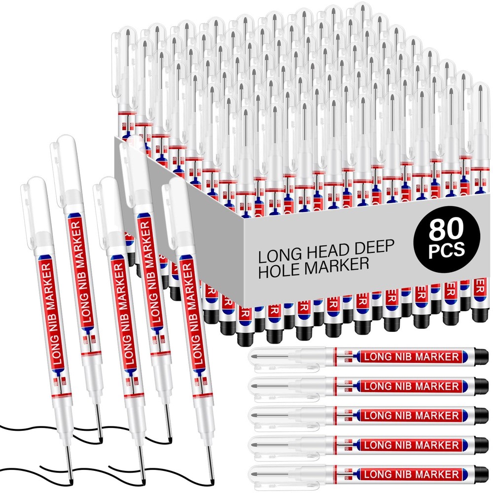 80 PCS Deep Hole Marker Pens Long Head Drill Nib Waterproof Carpentry Black