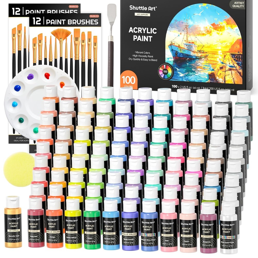 100 Colors Acrylic Paint, 2oz/60ml Bottles, Include 2 Sets of 12 Paint Brushe…