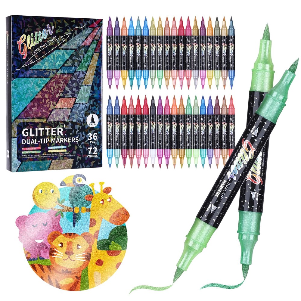 Glitter Brush Markers Pens,72 Colors Dual Tip Glitter Pens Set 36 Pack Metall…