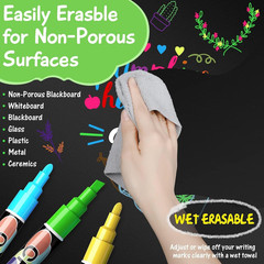 Liquid Erasable Chalk Markers Pens – 12 Colors Washable & Wet Erase Neon Makers