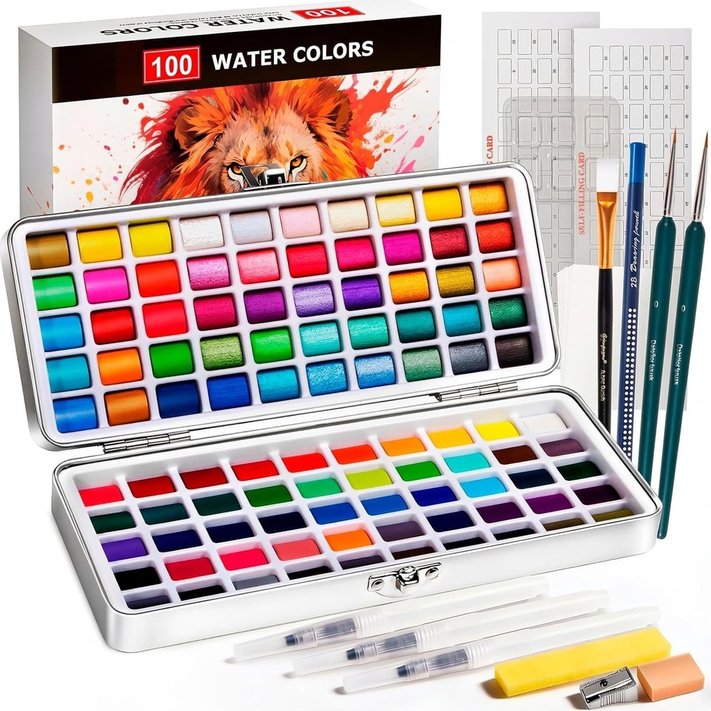 100 Color Watercolor Paint Set with Brushes, Palette, Papers & Accessories