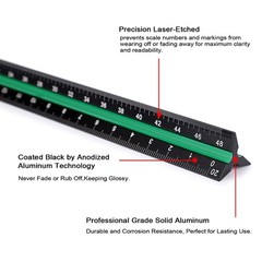 OwnMy 3 Pack 12 Inch Solid Aluminum Triangular Architect Scale Ruler Black