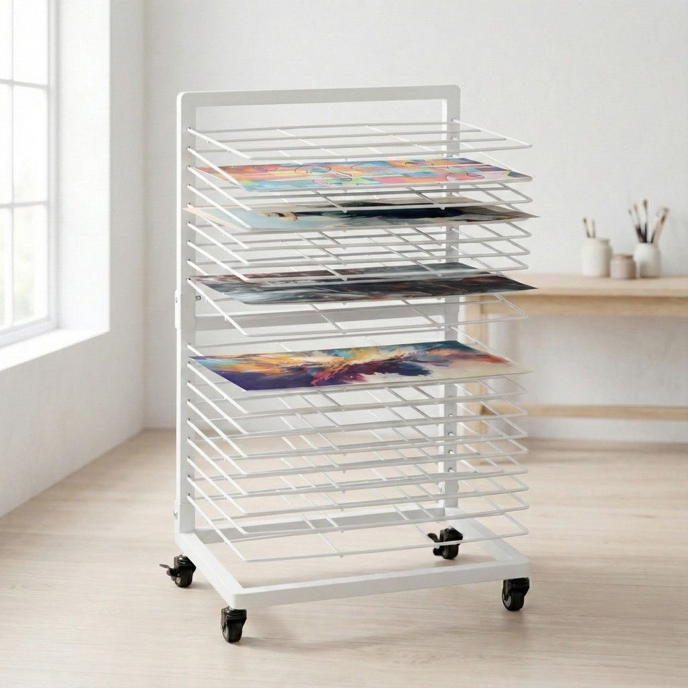 White Art Drying Rack for Classroom & Preschool – 18-Shelf Mobile Paint Dryin…