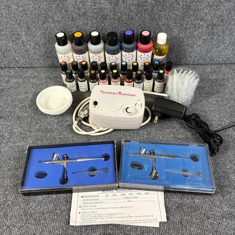 Cookie Countess Airbrush Compressor Kit AmeriColor Paint Lot Tested