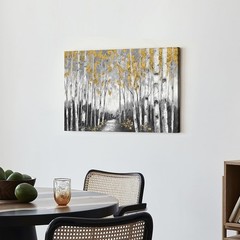 Birch Forest Canvas Wall Art: Large Abstract Tree Painting with Gold Foil Han…