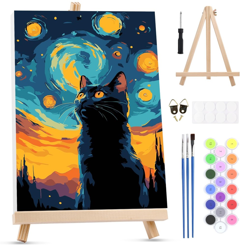 Framed Starry Cat Paint By Numbers For Adults Beginners DIY Canvas Art Decor