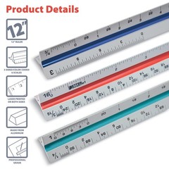 Better Office Products Triangular Ruler, 12 Inch Metal, Triple Sided Silver