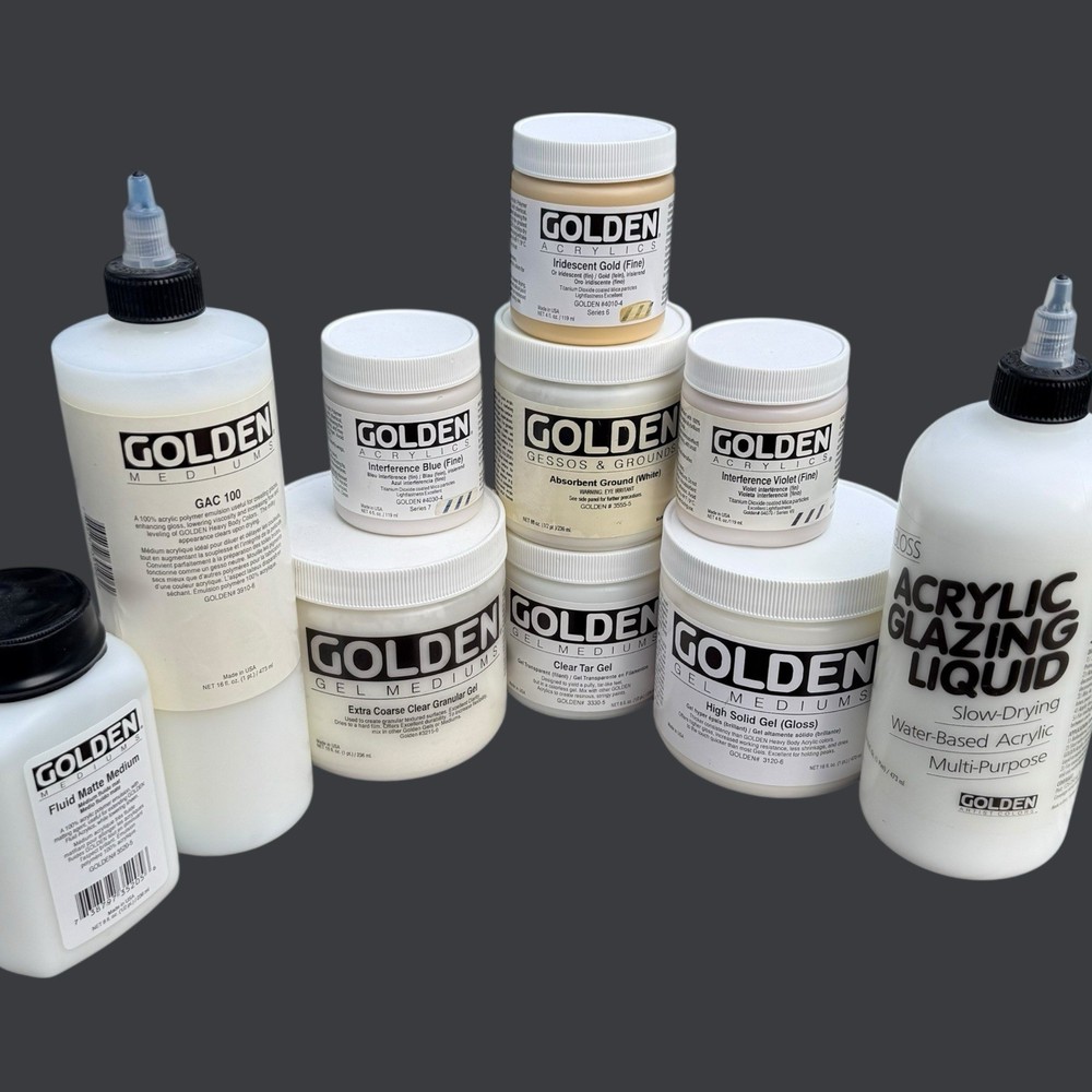 10pc Lot Set Golden Gesso Grounds Mediums Acrylic Glaze Gel Interference Fluid