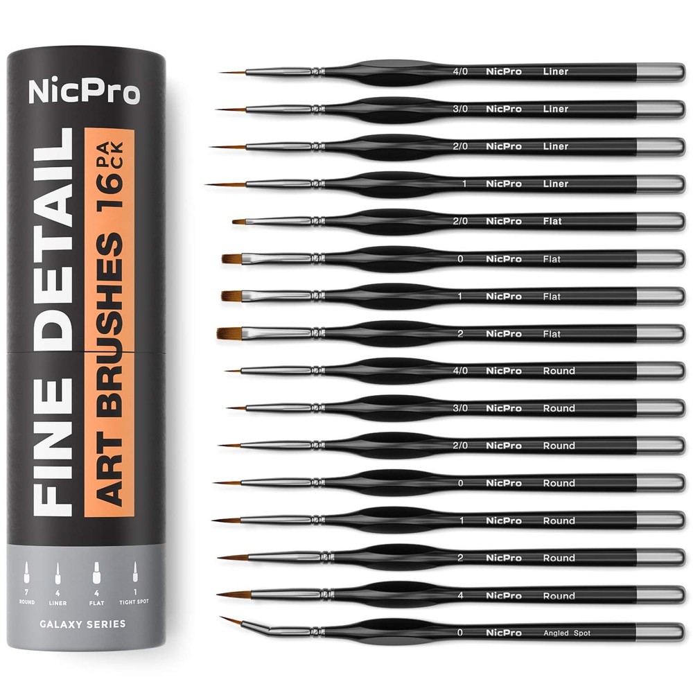 Nicpro 16 PCS Miniature Paint Brushes, Fine Tip Micro 16 PCS, Black Silver