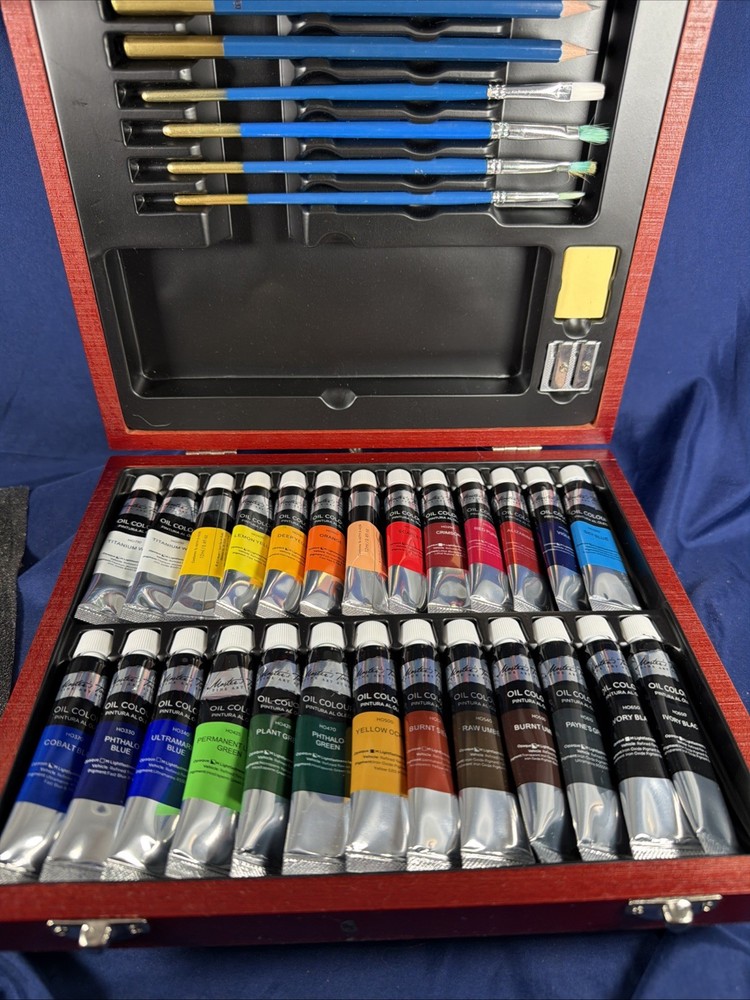 Curate Colour Acrylic Paint Set 26 Tubes 12ml Brushes Pencils Palette Wooden Box