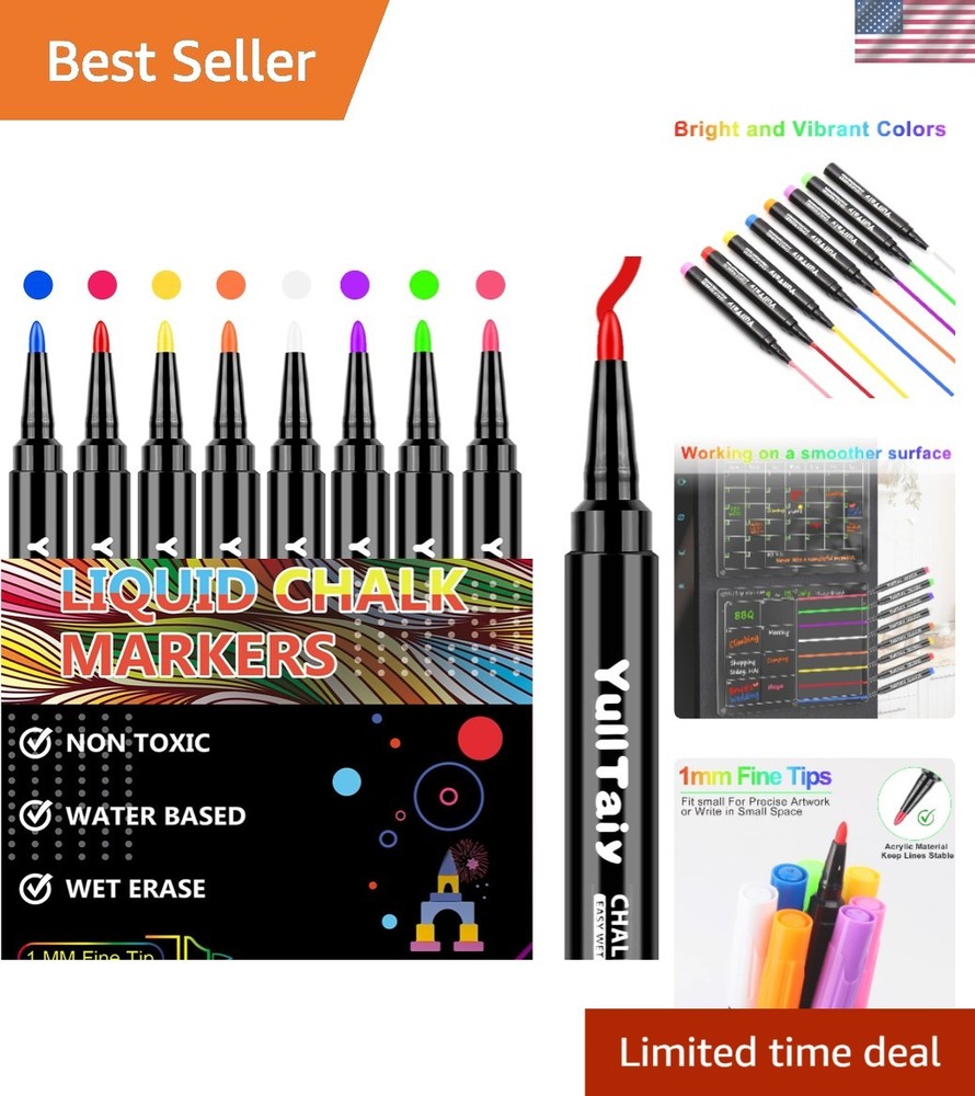 Fine Tip Liquid Chalk Markers Set of 8 – Vibrant Erasable Colors for All Surf…