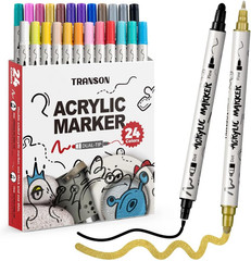 TRANSON 24 Color Bold and Fine Dual-Tip Acrylic Paint Pen Set for Canvas Rock Wo