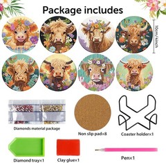 mrpwnle 8 Pack Diamond Art Coasters Kits – Highland 3.9×3.9×0.1, Cow