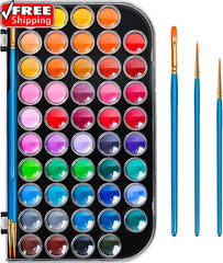 48 Color Solid Watercolor Paint Set with 3 Wooden Brushes – Non-Toxic, Vibrant &