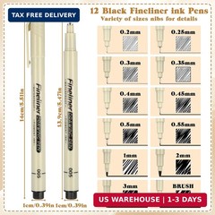 Micro Fineliner Drawing Art Pens 12 Black Fine Line Waterproof Ink Set Artist US