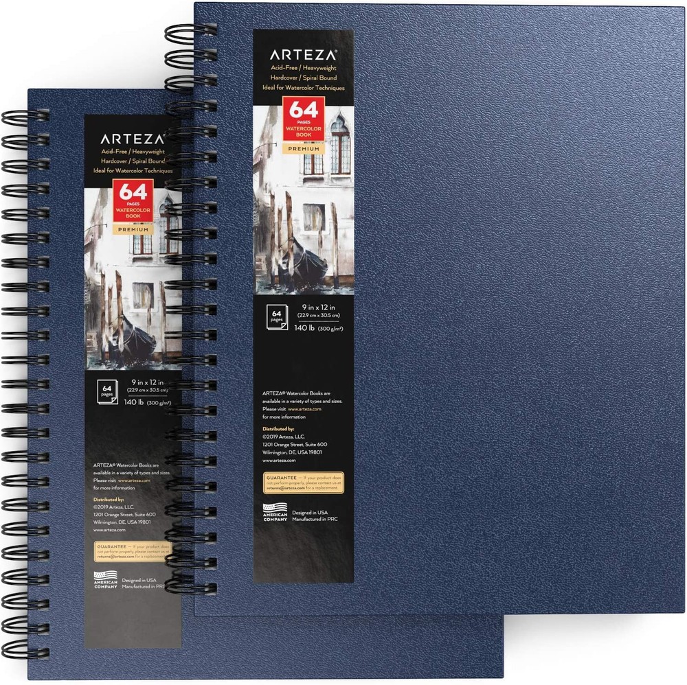 Arteza Watercolor Book, Spiral-Bound Hardcover, Blue, 9″ x 12” – Pack of 2