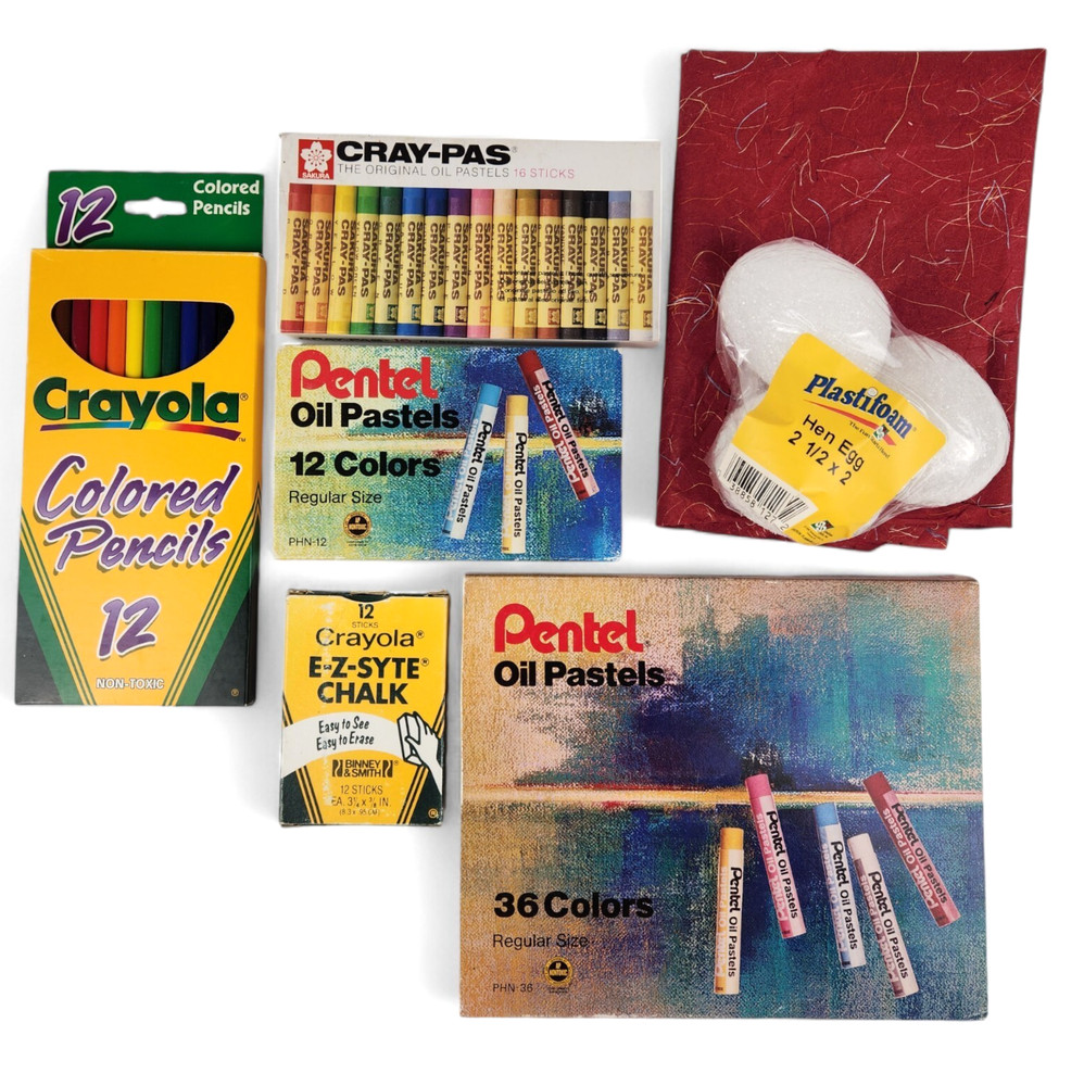 Art Supply Lot Crayola Pencils Pentel Pastels Chalk Paper Plastifoam Eggs Used