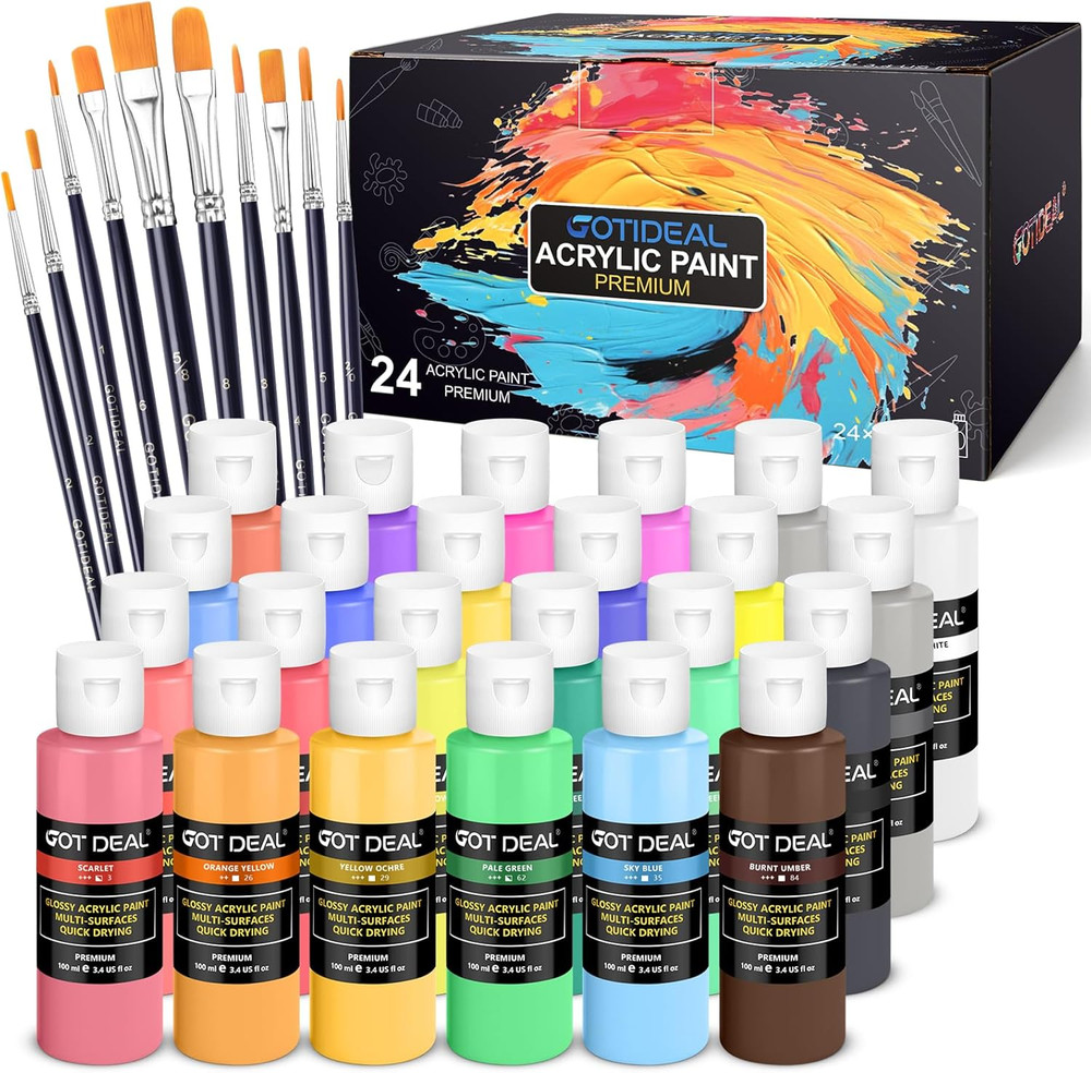 Acrylic Paint Set with Paint Brushes, 24 Colors(100Ml, 3.4 Oz) Paint Kit for Adu