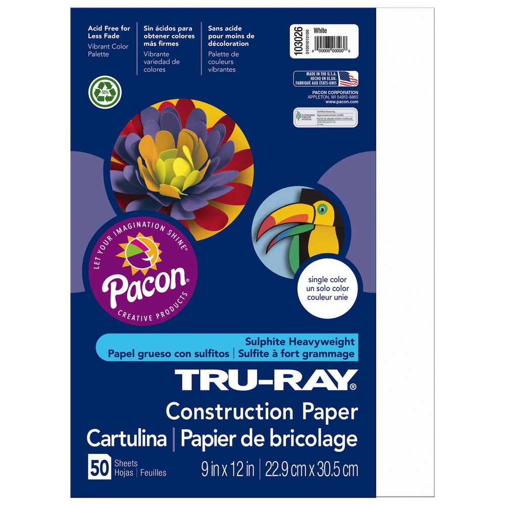 Construction Paper, 76 lb., 9″x12″ , 50/PK, White
