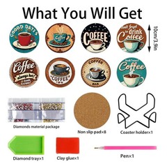 8 Pcs Vintage Coffee Diamond Art Coasters Kit 3.9 Inch DIY Craft