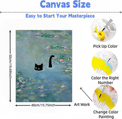 Paint by Numbers Kit for Adults, Vintage Monet Water Lilies Cat Canvas Adult Pai