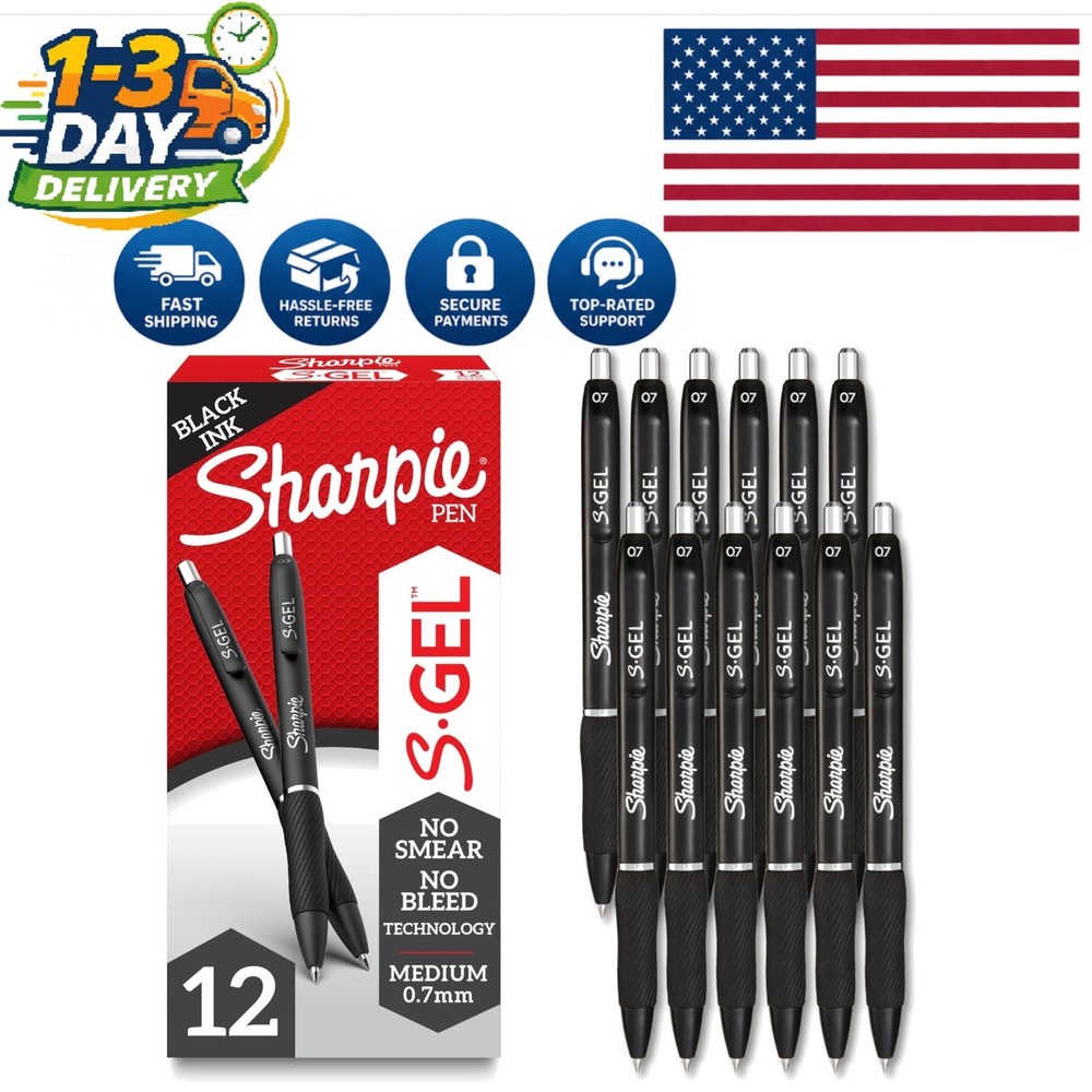 12 Black Gel Pens – S-Gel, Medium Point 0.7mm, Comfortable Grip & Quick Dry