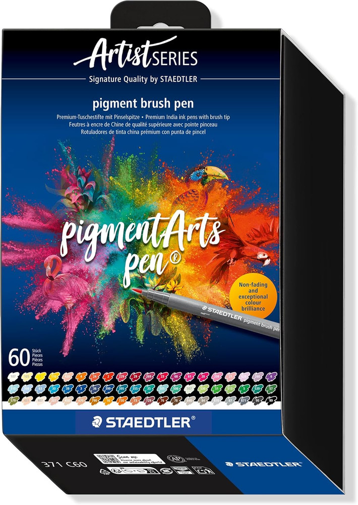 Pigment Arts Multi Ink Brush Pen: 60 Colors, Fiber-Tip Pens with Brush Nib, Perm