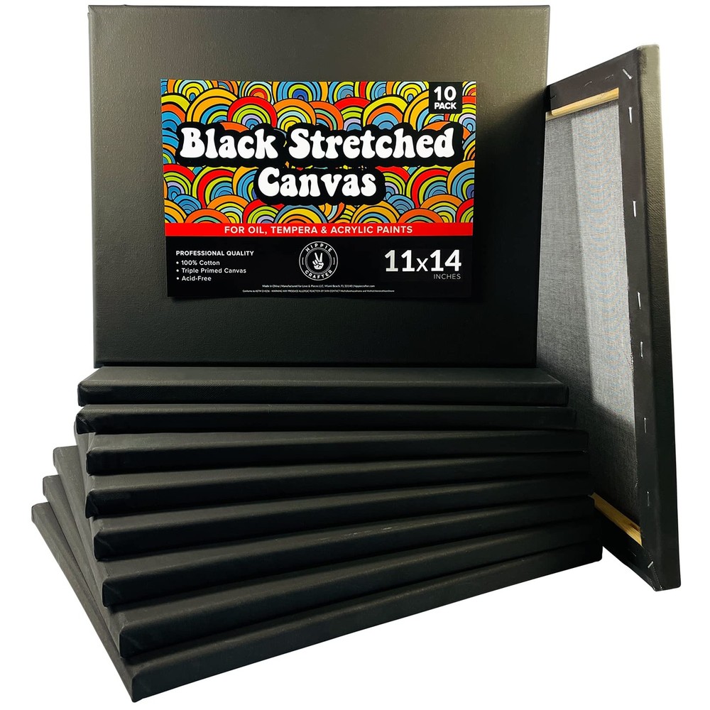 Stretched Black Canvas for Painting, 10 Pack 11×14 Blank Canvases, Gesso Prim…