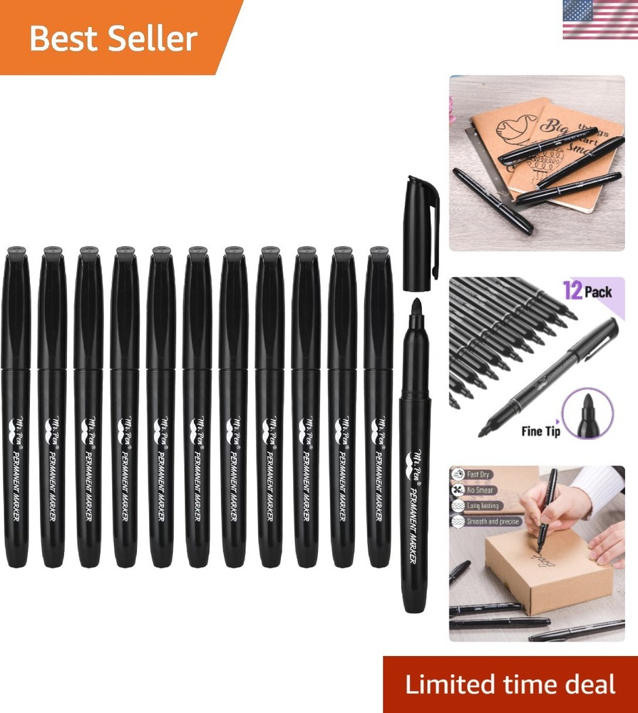 12 Pack Fine Tip Permanent Black Markers – Non-Toxic and Waterproof Creativity