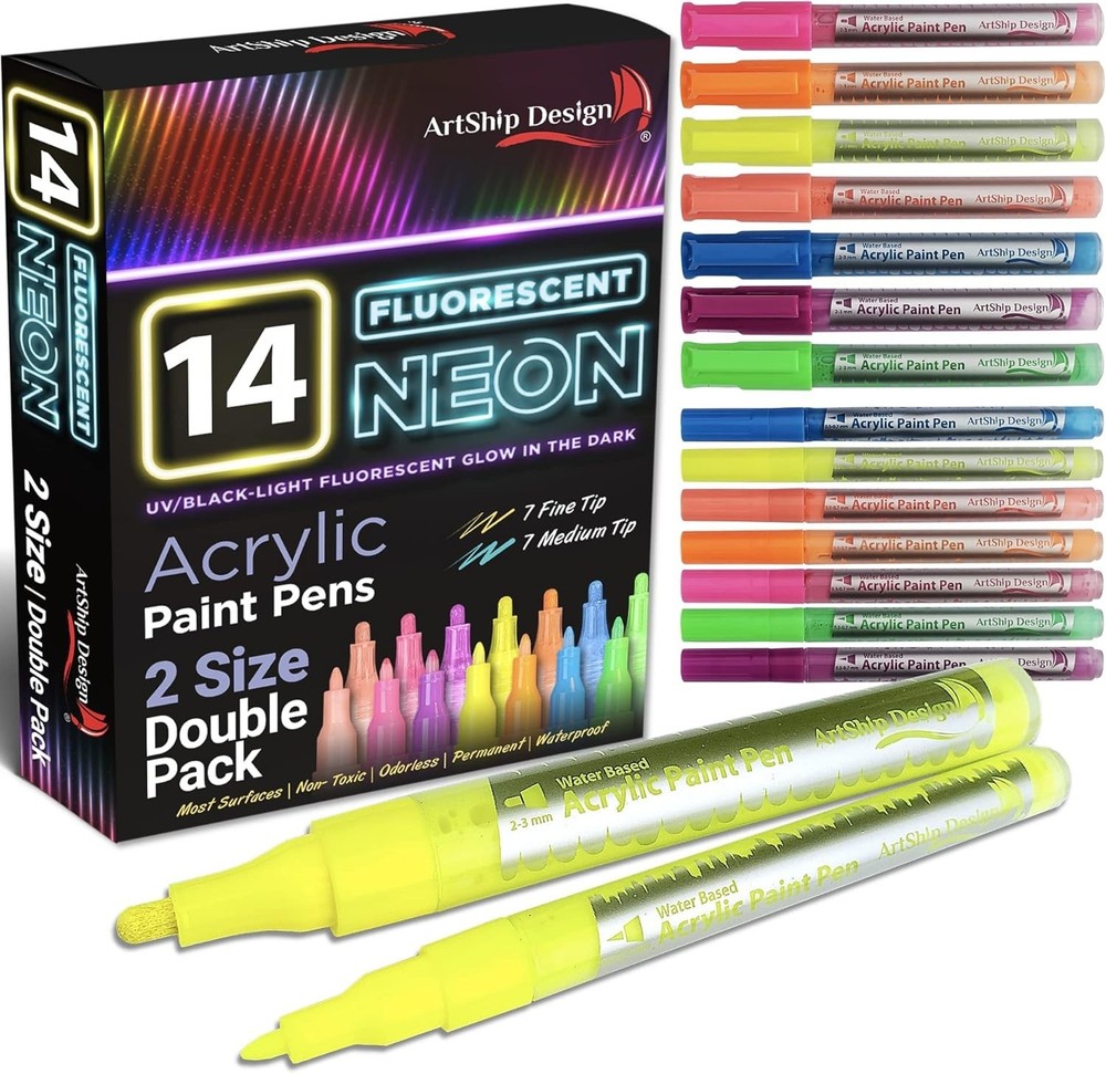 Neon UV Acrylic Paint Pens, Extra Fine & Medium Tips for Rock, Glass, Ceramic