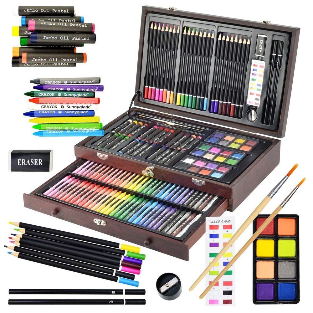 145 Piece Deluxe Art Set Wooden Box & Drawing Kit With Crayons Oil Pastels Color
