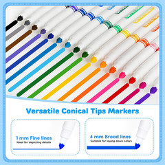 256 Count Washable Markers Bulk, 16 Assorted Colors, Conical Tip with Fine & Bro