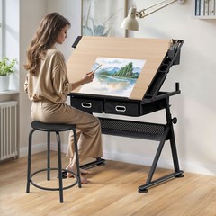 Drafting Drawing Table Tabletop Adjustable Height with Charge Outlet Natural