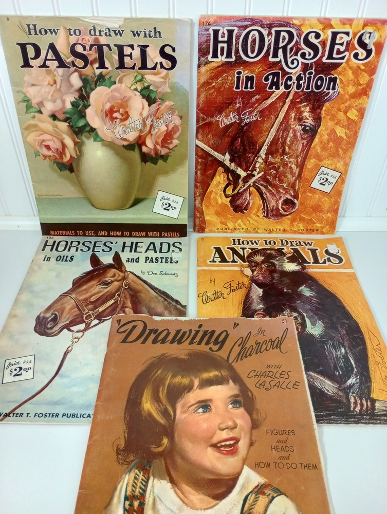 Vintage Walter T Foster How To Draw Books Lot Of 5 Animals Figures Heads Pastels