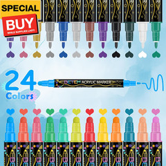 24 Colors Dual Tip Acrylic Paint Pens Markers, Premium Acrylic Paint Pens for Wo