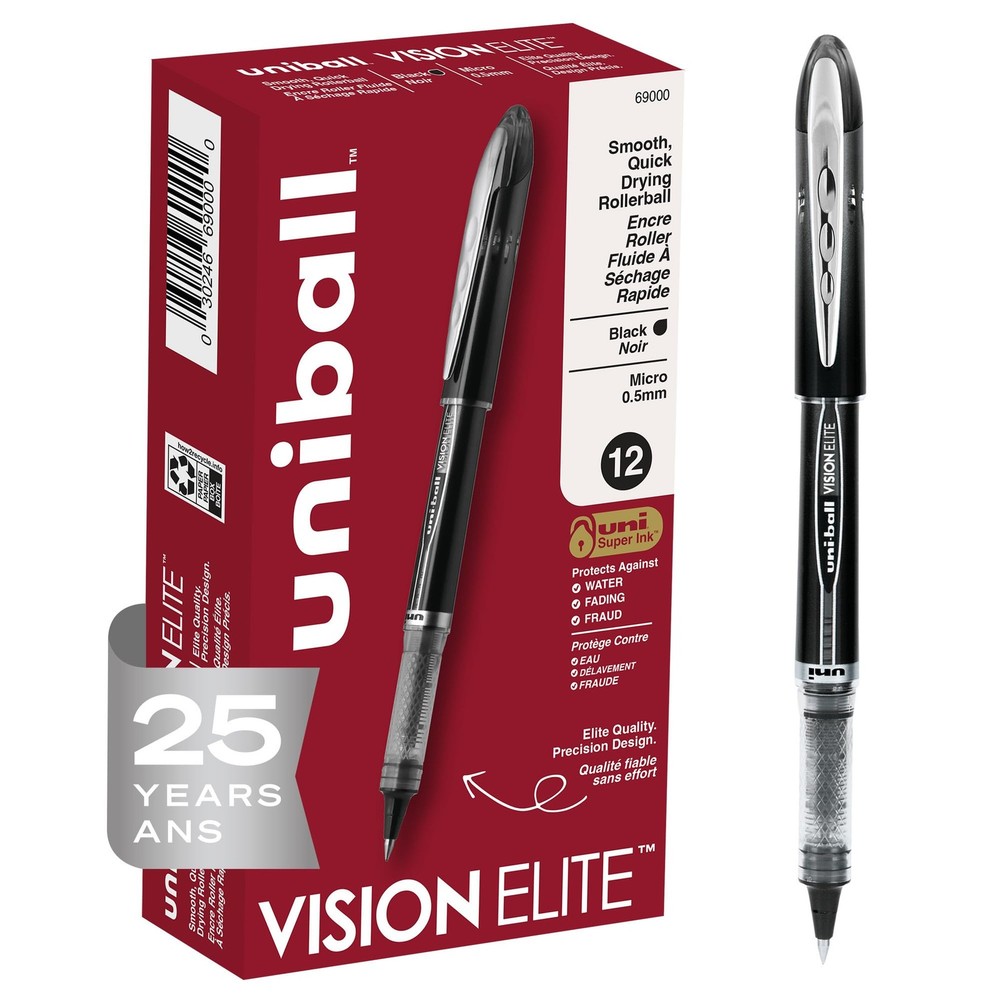 uni-ball Vision Elite Rollerball Pens Fine Point 12 Count (Pack of 1), Black