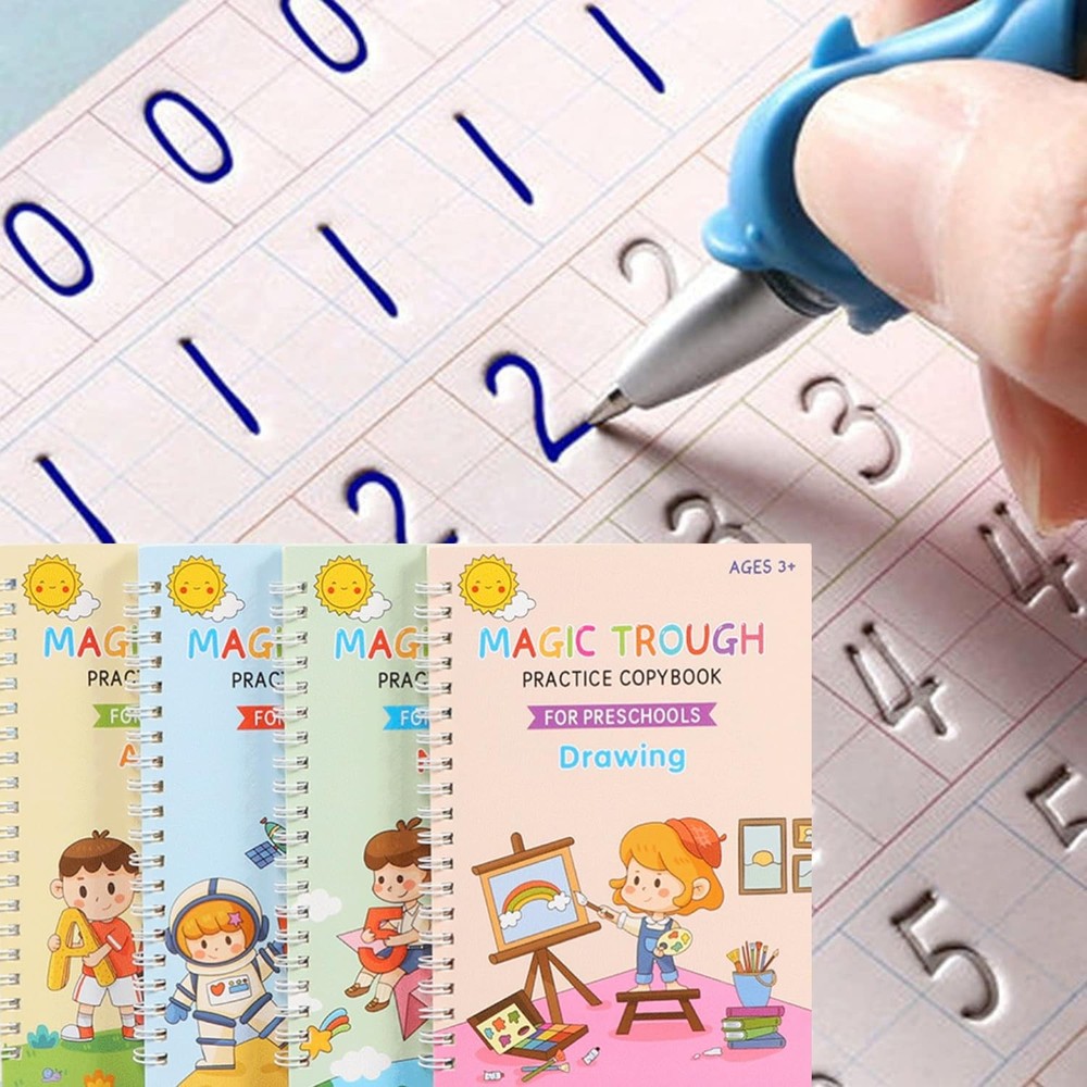 4 Pc Magic Grooved Practice Copybook,Reusable Grooved Writing Books,Handwriting