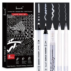 White Pens Set 5 Pack 1mm Gel Dual-Tip Acrylic Paint Brush Tip Markers Black