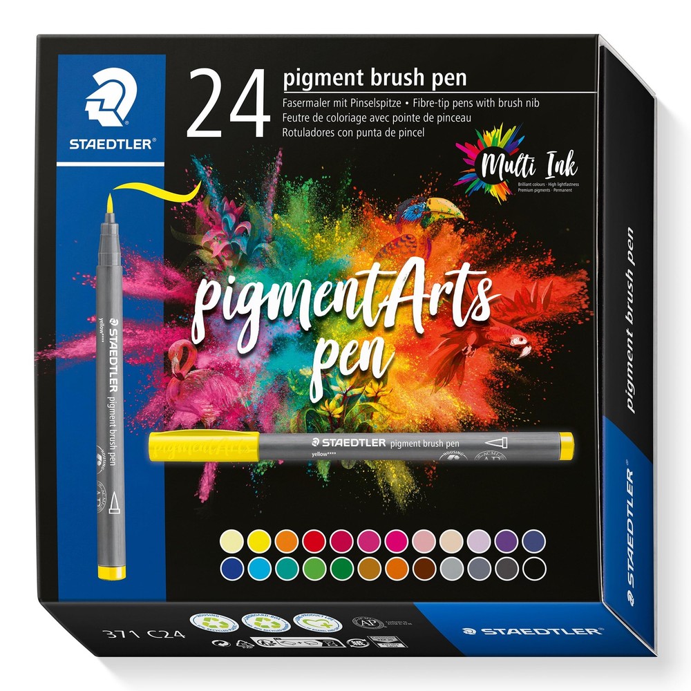STAEDTLER Pigment Arts Multi Ink Brush Pens, 24 Pack Assorted Basic Colors Br…