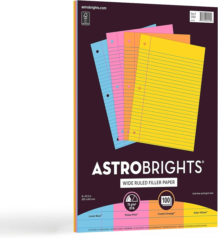 pack of 100 sheets, Neon Pink; Yellow; Blue; Orange