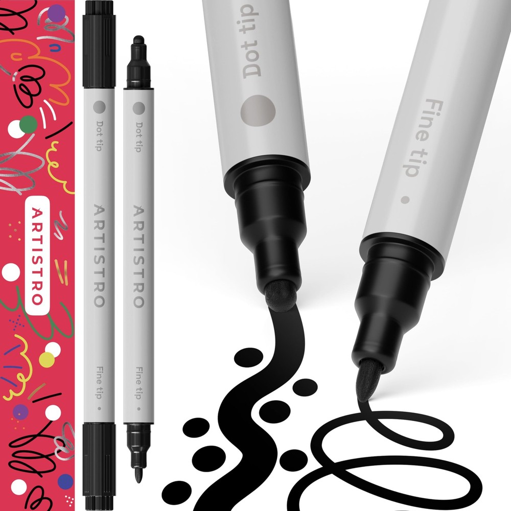 2 Black Dual Tip Acrylic Paint Pens Multisurface Markers 5mm Dot 1mm Fine Tip