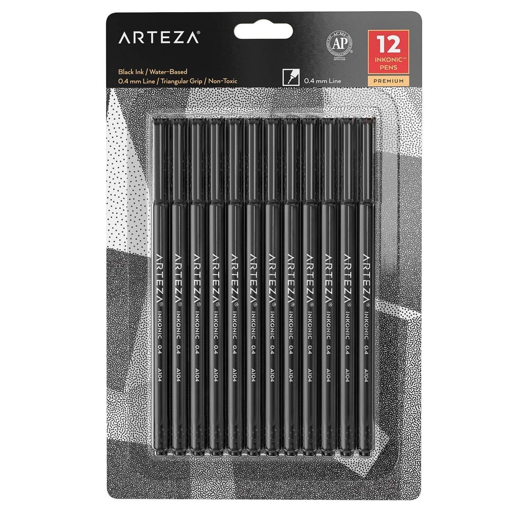 Arteza Inkonic Fineliner Pens | Black – Pack of 12