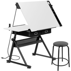 Adjustable Drafting Table with Stool Drawing Desk Artist Table with Outlet White