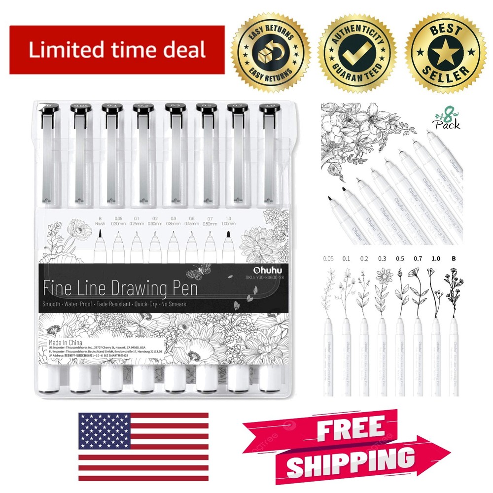 Fineliner Pens Set – 8 Sizes of Ultra-Fine, Fine, Brush Tips for Artists